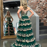 Capri | Green Crystal Sequins Princess A Line Off the Shoulder Prom Dress with Lace Ruffles