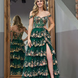 Capri | Green Crystal Sequins Princess A Line Off the Shoulder Prom Dress with Lace Ruffles