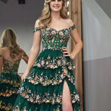 Capri | Green Crystal Sequins Princess A Line Off the Shoulder Prom Dress with Lace Ruffles