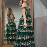 Capri | Green Crystal Sequins Princess A Line Off the Shoulder Prom Dress with Lace Ruffles