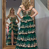 Capri | Green Crystal Sequins Princess A Line Off the Shoulder Prom Dress with Lace Ruffles