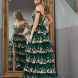 Capri | Green Crystal Sequins Princess A Line Off the Shoulder Prom Dress with Lace Ruffles