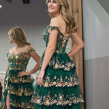 Capri | Green Crystal Sequins Princess A Line Off the Shoulder Prom Dress with Lace Ruffles