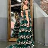 Capri | Green Crystal Sequins Princess A Line Off the Shoulder Prom Dress with Lace Ruffles