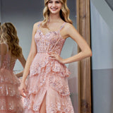 Pink Princess A Line Off the Shoulder Corset Prom Dress with Lace Ruffles