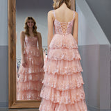 Pink Princess A Line Off the Shoulder Corset Prom Dress with Lace Ruffles