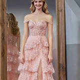 Pink Princess A Line Off the Shoulder Corset Prom Dress with Lace Ruffles