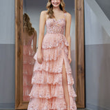 Pink Princess A Line Off the Shoulder Corset Prom Dress with Lace Ruffles