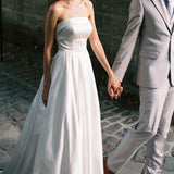 Casual A-Line Strapless Satin Garden Wedding Dress With Backless And Illusion Sleeves