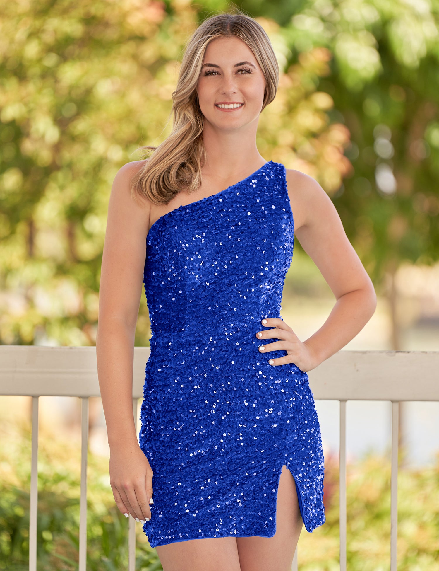 Cate | Blue Sheath One Shoulder Sequin Homecoming Dress With Slit