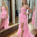 Monza | Cute Strapless Pink Tiered High Low Homecoming Dresses