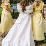 Yellow Off the Shoulder Ruffle Satin Ankle Length Bridesmaid Dresses