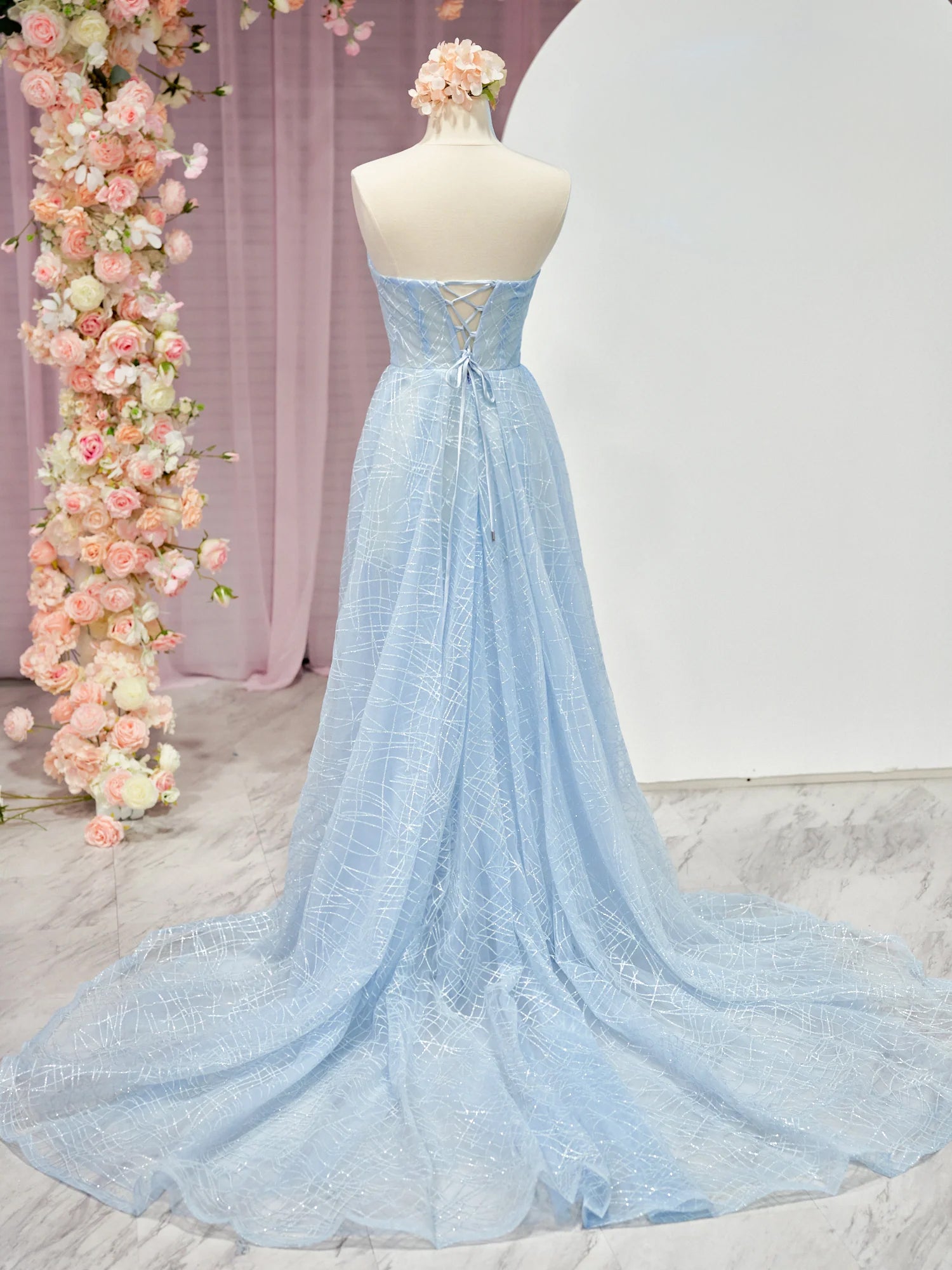 Celia | A-line Strapless Blue Long Prom Dresses Unique Evening Dress