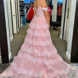 Ceryn | Pink Sequin Appliques Off-the-Shoulder Ruffle Tiered Long Gown