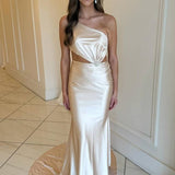 Welsie | Champagne One-Shoulder Mermaid Satin Long Prom Dress