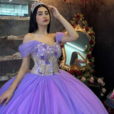 Ball Gown Organza Off-the-Shoulder  Purple Quinceanera Dress