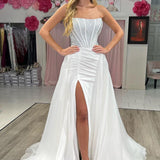 Chime | White Mermaid Strapless Satin Long Prom Dresses With Beading