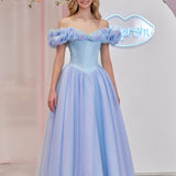 Isabel | Cinderella Blue Tulle Off the Shoulder With Crystals & Butterflies Ball Gown