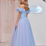 Isabel | Cinderella Blue Tulle Off the Shoulder With Crystals & Butterflies Ball Gown