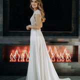 A-Line Cap Sleeve Long Backless Wedding Dresses with Appliques