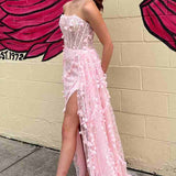 Clio | Pink Strapless 3D Floral High Slit Mermaid Long Prom Dress