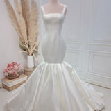 Mermaid Simple Satin White Wedding Dress Sweep Train Bridal Gown