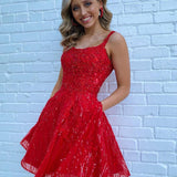 Cute Red A Line Tulle Zipper Back Short Homecoming Dresses