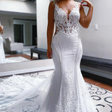 Mermaid V Neck Satin Lace Wedding Dresses