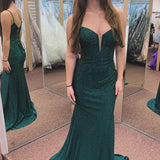 Dark Green Spaghetti Straps Beaded Mermaid Long Prom Dresses