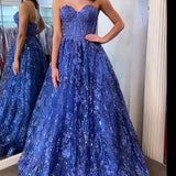 Allyson | Sweetheart Blue Sequin Lace Corest Long Dresses