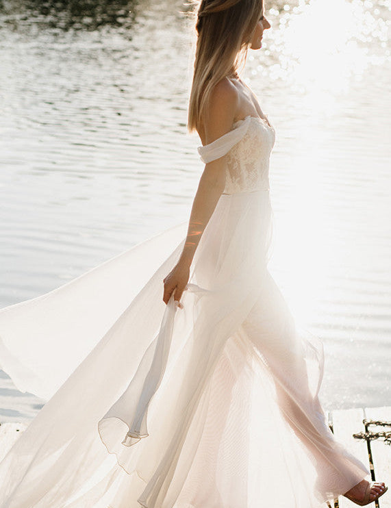 Orlanda | A-Line Lace White Lace-Up Off-the-Shoulder Wedding Dress with Slit