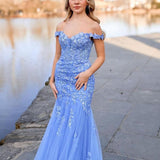 Lavender Off the Shoulder Tulle Appliques Mermaid Long Prom Dresses