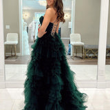 Dark Green Sweetheart Ruffle Tiered Tulle Long Prom Dresses with Slit