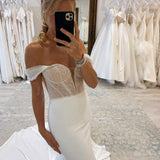 Charming Mermaid Off the Shoulder Satin Long Wedding Dresses with Sequins