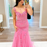 Suzanne | Pink Mermaid Off the Shoulder Tulle Long Prom Dress with Appliques