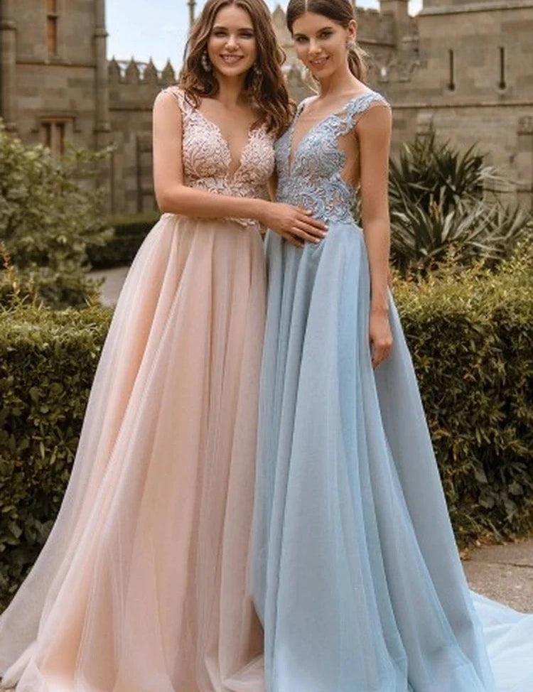 Lace V Neck Bridesmaid Dresses Sexy Illusion Back Tulle Dresses