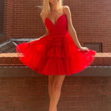 Layla | A-Line Deep V Neck Tiered Short Homecoming Dress