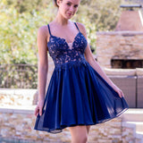 Deep V-applique Back Lace Up Mini Length Homecoming Dress