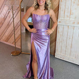 Delfina | Lilac Strapless Satin Sheath Long Prom Dresses with Slit