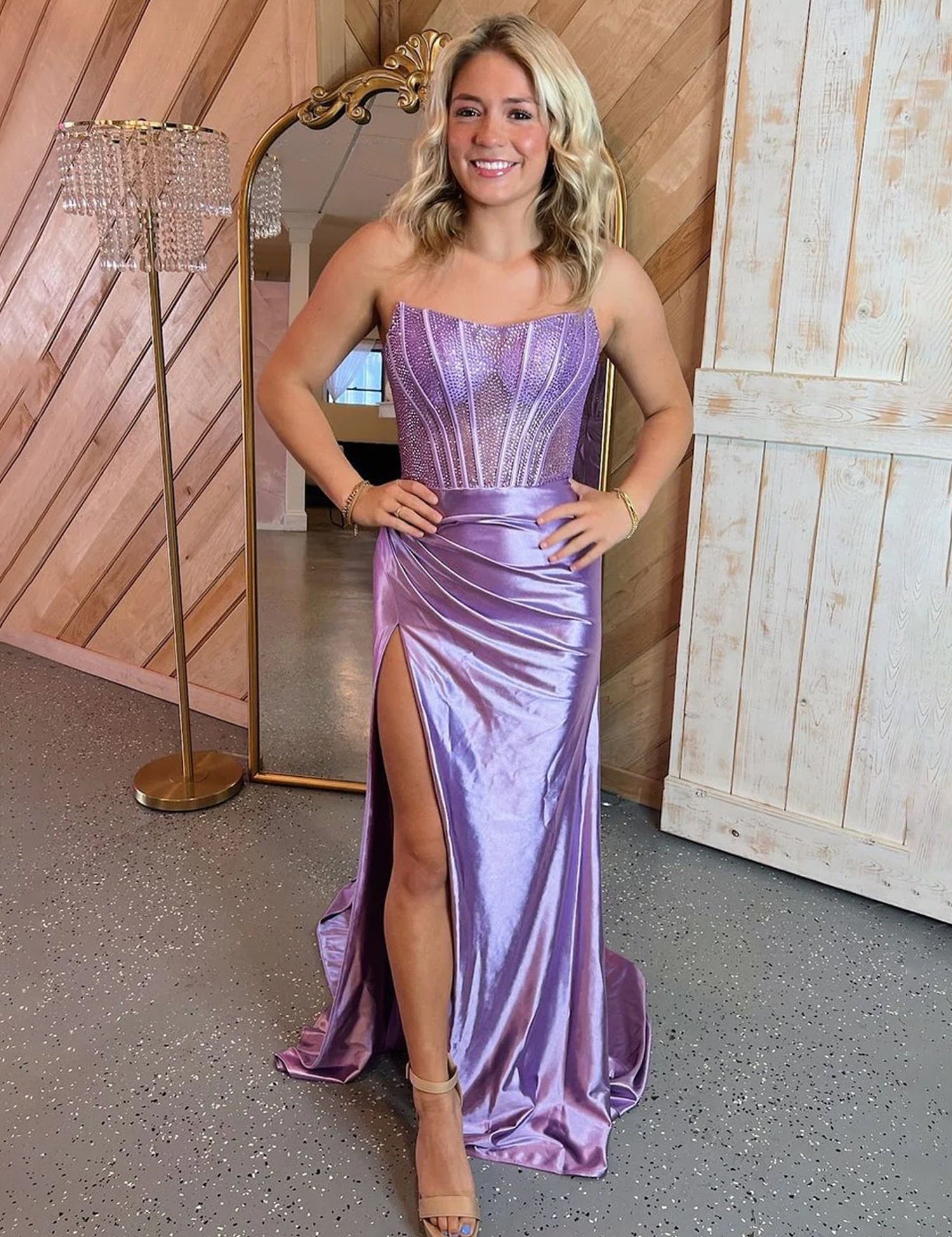 Delfina | Lilac Strapless Satin Sheath Long Prom Dresses with Slit