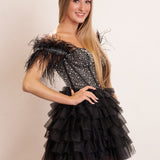 Delia |A Line Off the Shoulder Beaded Homecoming Dress with Feathers