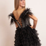 Delia |A Line Off the Shoulder Beaded Homecoming Dress with Feathers