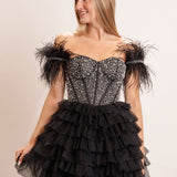 Delia |A Line Off the Shoulder Beaded Homecoming Dress with Feathers