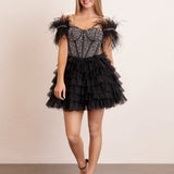 Delia |A Line Off the Shoulder Beaded Homecoming Dress with Feathers