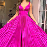 Luella | A-Line V-Neck Fuchsia Pleated Long Prom Dress