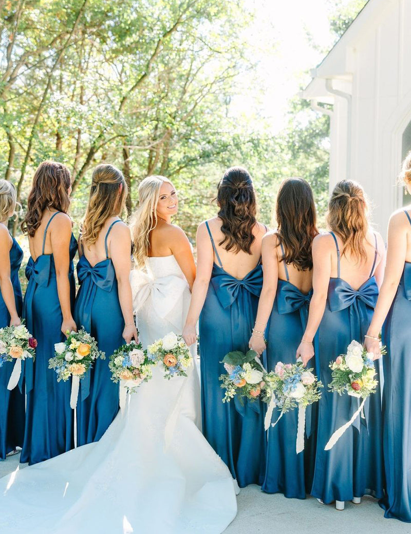 Simple Mermaid Spaghetti Straps Blue Long Bridesmaid Dresses with Bow Back