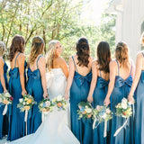 Simple Mermaid Spaghetti Straps Blue Long Bridesmaid Dresses with Bow Back