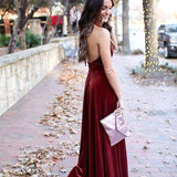 Elegant A-Line Halter Backless Burgundy Velvet Long Bridesmaid Dresses Prom Gown