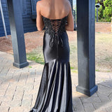 Donya | Mermaid Sweetheart Lace Satin Black Prom Dress with Slit