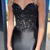 Donya | Mermaid Sweetheart Lace Satin Black Prom Dress with Slit